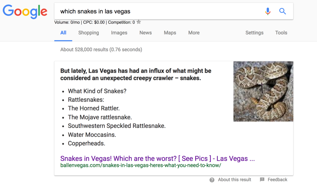 Example of a zero position answer box on snakes in las vegas by Ballenvegas.com