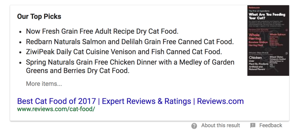 Sample of a rich snippet served up on Google's search engine results page in the knowledge box. Shows a list of the best cat foods.