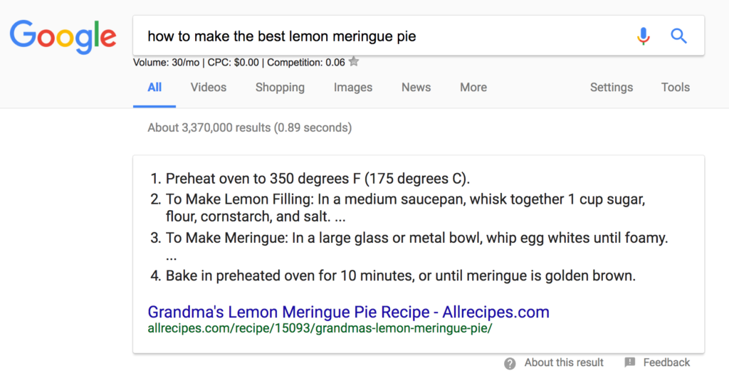 Shown is an answer box on Google's SERP showcasing a recipe which offers steps to making a lemon meringue pie