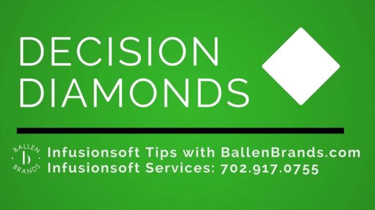 A simple thumbnail with a white diamond and the words decision diamonds plus infusionsoft tips with BallenBrands.com